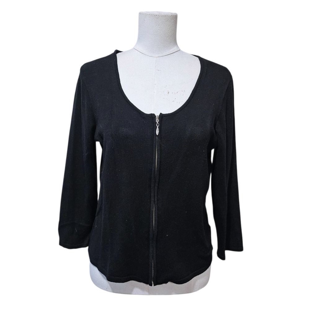 White + Warren Black Full Zip Knit Cardigan Sweater Spun Rayon Stretch Large